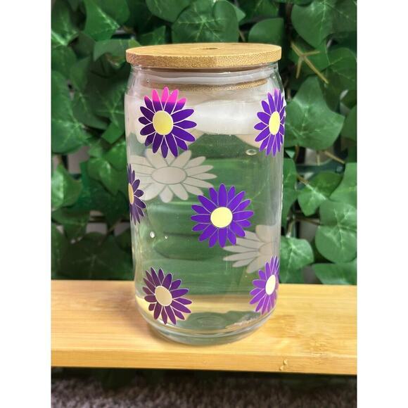 Pink Daisy Flower Color Changing Glass Can with Bamboo Lid and Glass Straw 16oz - Picture 2 of 2